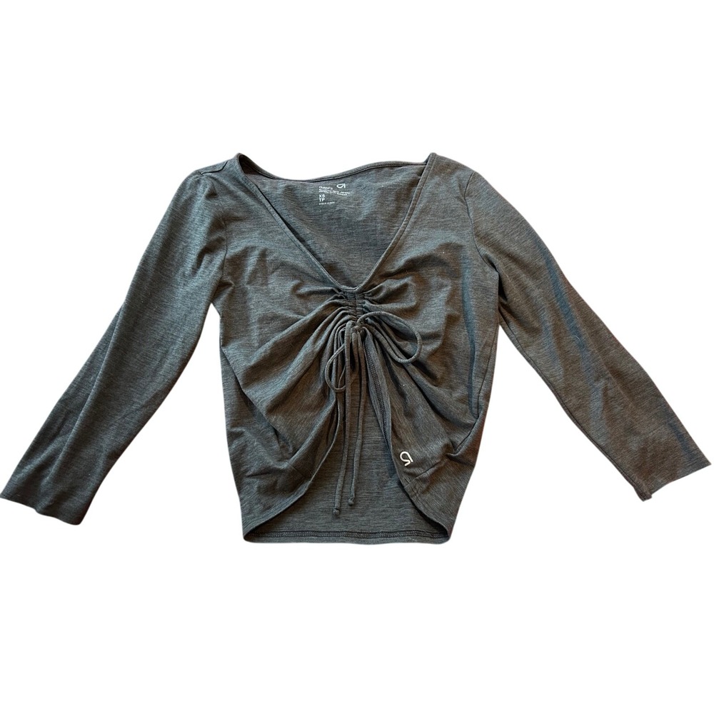 GapFit Brushed Tech Jersey‎ Top Womens XS Long Sleeve Drawstring Gray